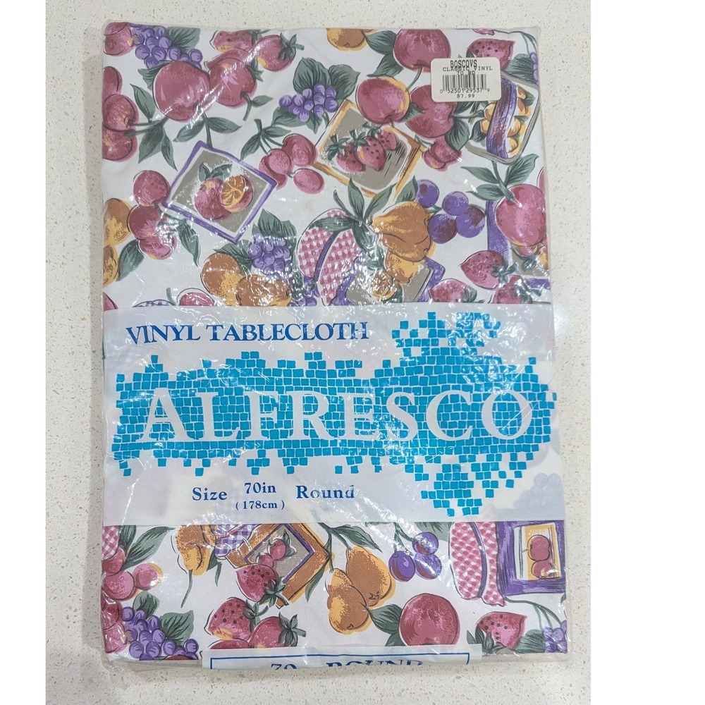 Vintage Alfresco Vinyl Tablecloth Fruit Print Flannel Back 70" Round Cottagecore
